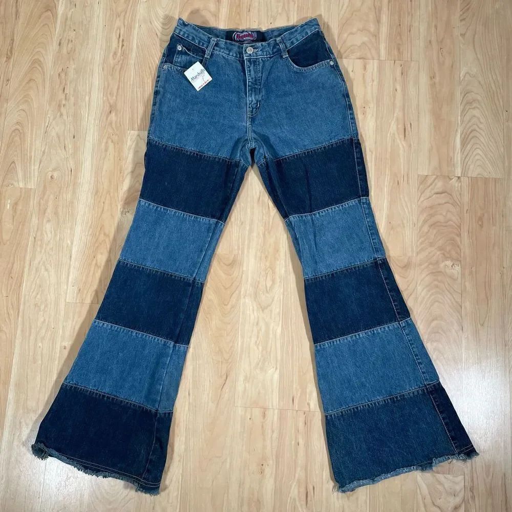 NWT Liquid Sz 9 Subdued Patchwork flare high rise trendy unique awesome jeans - Picture 12 of 12